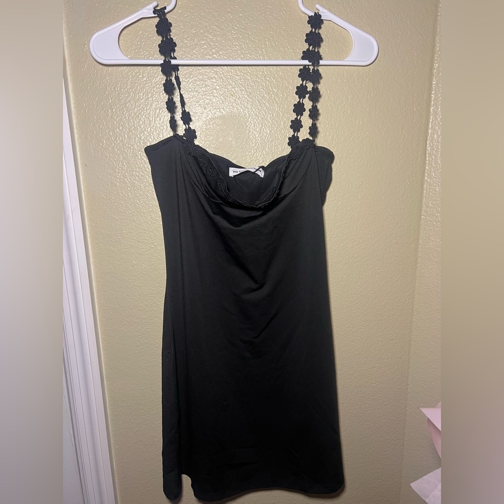 YG Collection Black Dress with Floral Straps